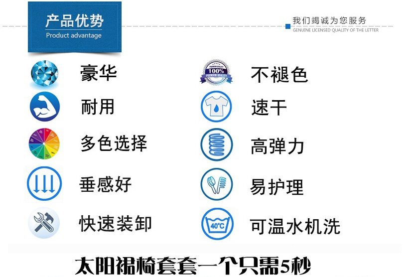 產(chǎn)品優(yōu)勢，易安裝，裝一個椅套只需要5秒