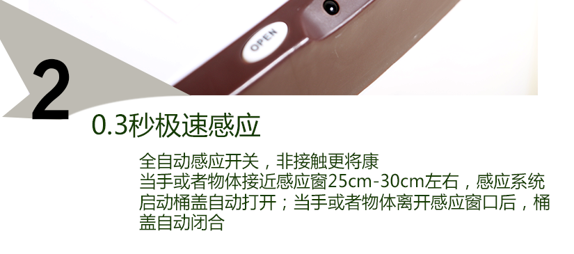 智能感應，感應速度快，當手接近感應窗25-30cm，桶蓋會緩緩打開